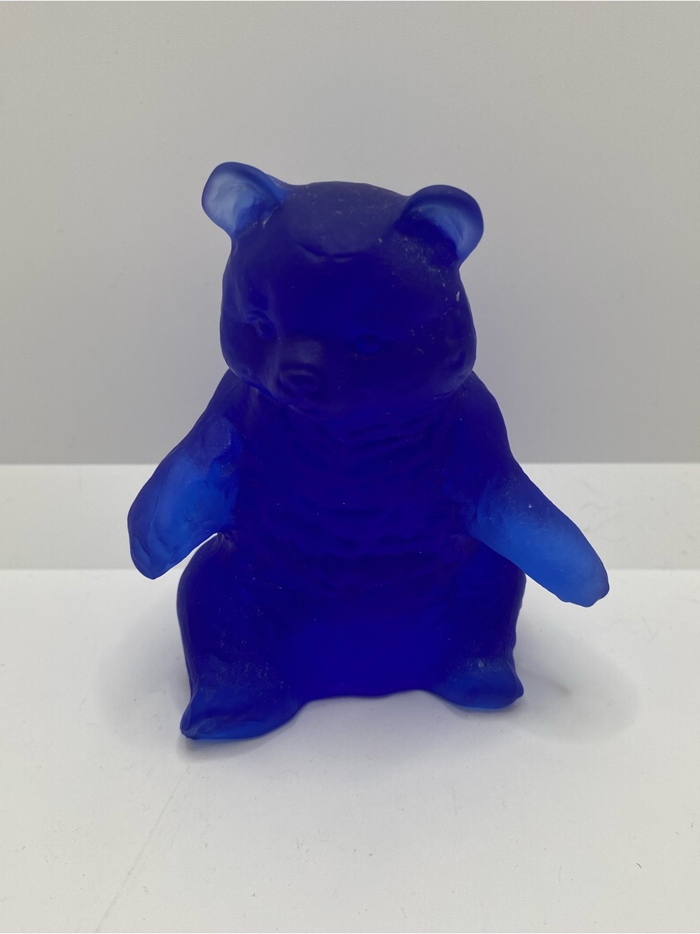 Vintage Mosser Glass Seated Blue Bear Cobalt Blue Satin Art Glass Figurine 3.75"